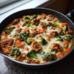 Close-up van Cheesy Chicken And Vegetables Skillet met gesmolten kaas, broccoli en wortelstukjes in een koekenpan.