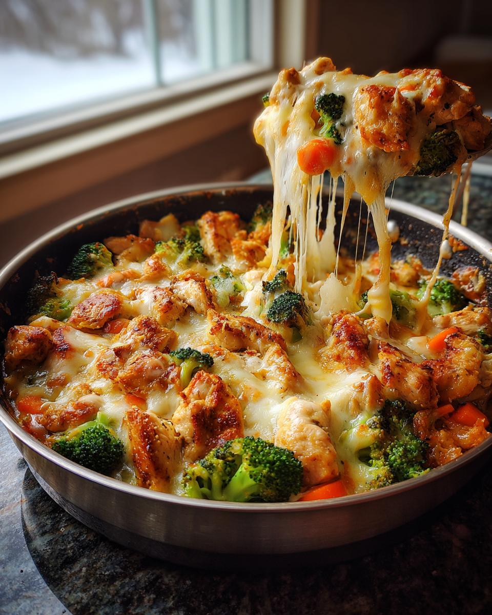 Een lepel schept een portie Cheesy Chicken And Vegetables Skillet omhoog met lange draden smeltende kaas.