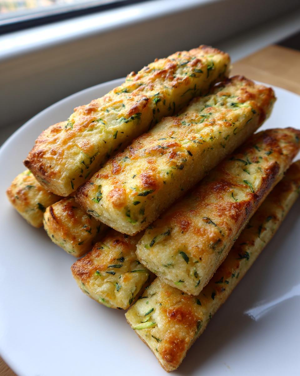 Een stapel goudbruine, gebakken Cheesy Zucchini Breadsticks met zichtbare stukjes courgette en gesmolten kaas.