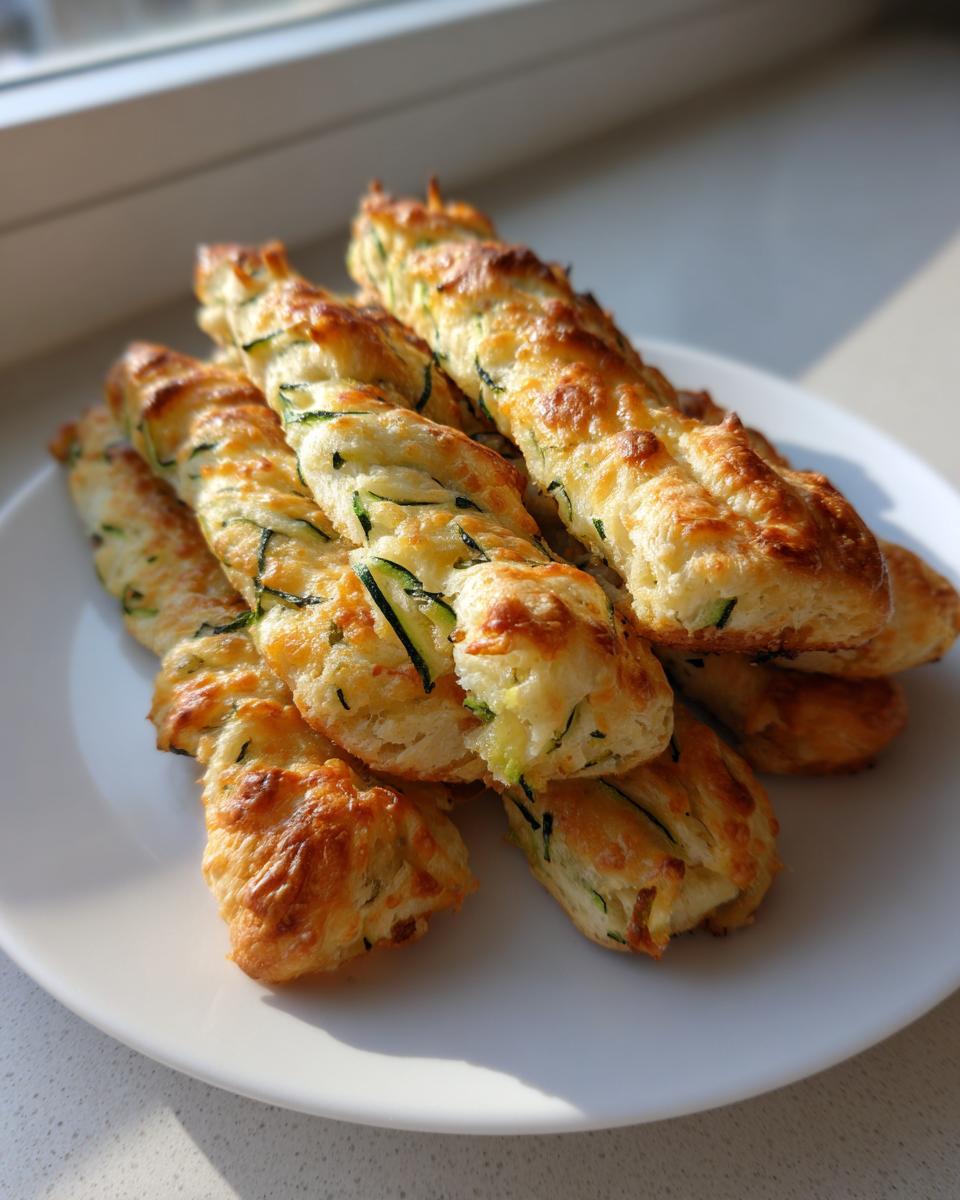 Een stapel goudbruine, luchtige Cheesy Zucchini Breadsticks met zichtbare stukjes courgette op een wit bord.