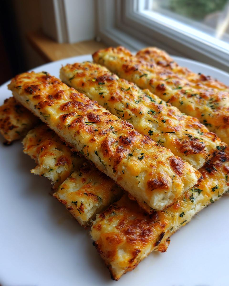 Een stapel goudbruine, gegratineerde Cheesy Zucchini Breadsticks met groene kruiden op een wit bord.