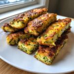 Een stapel goudbruin gebakken Cheesy Zucchini Breadsticks met zichtbare stukjes courgette op een wit bord.