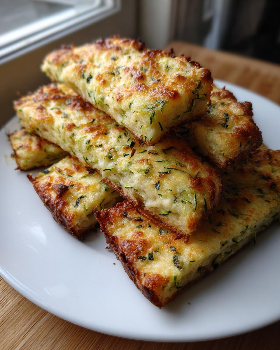 Een stapel goudbruin gebakken Cheesy Zucchini Breadsticks met zichtbare courgette en gesmolten kaas.