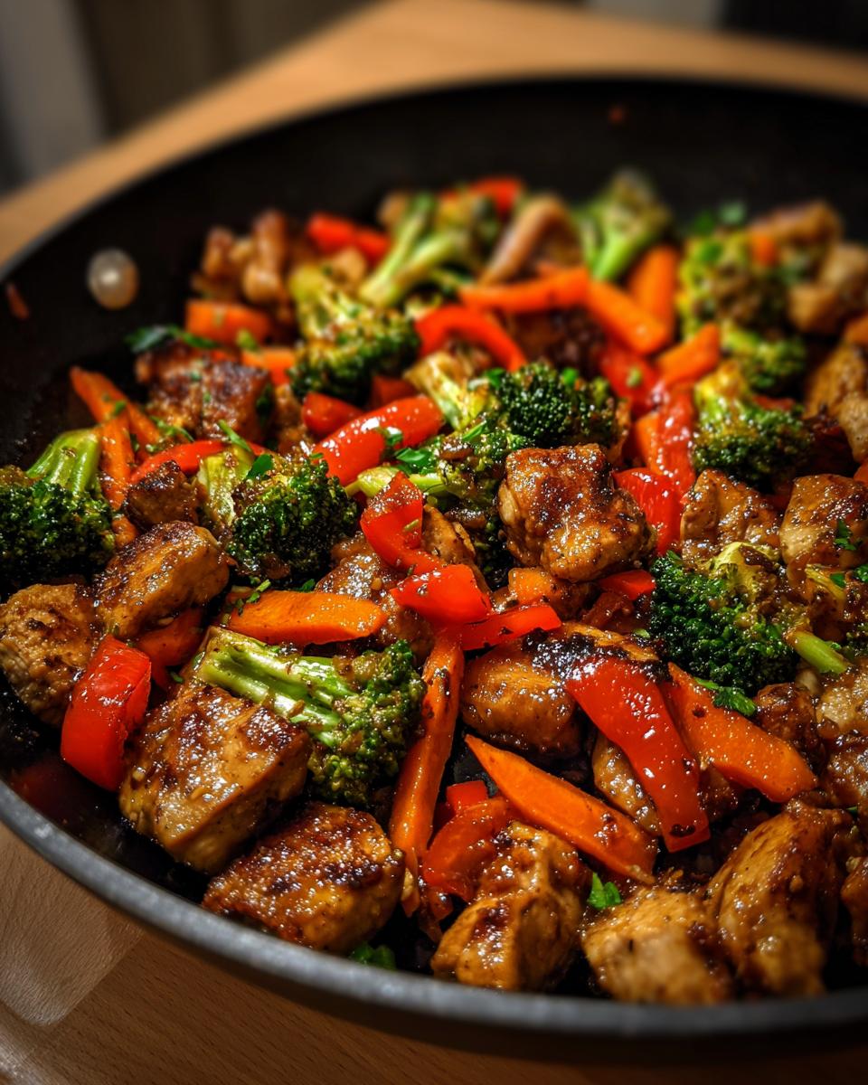 Close-up van een Chicken And Vegetables Skillet met stukjes kip, broccoli, wortel en rode paprika in een koekenpan.