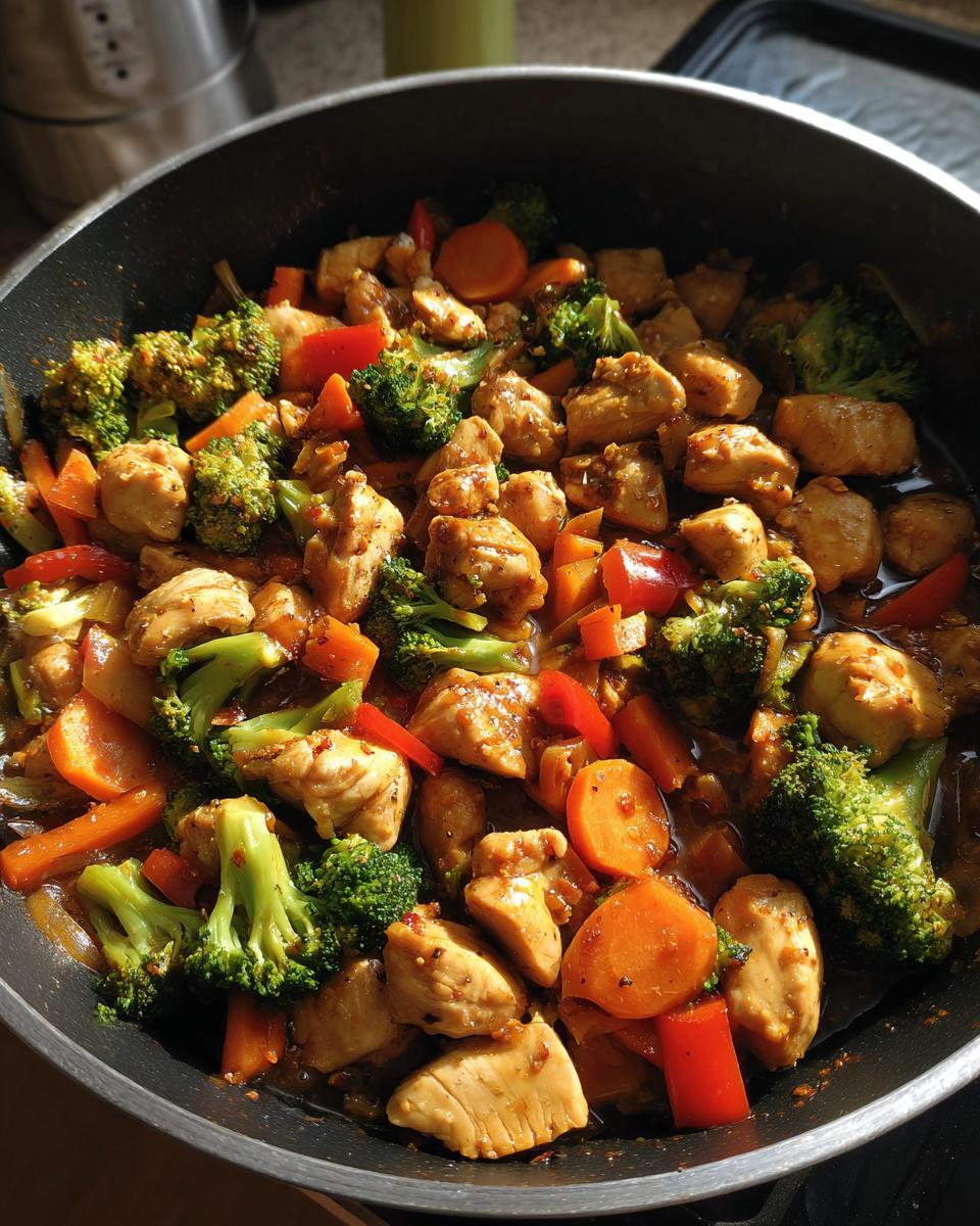 Dichtbij opname van een Chicken And Vegetables Skillet met stukjes kip, broccoli, wortel en paprika in een donkere saus.