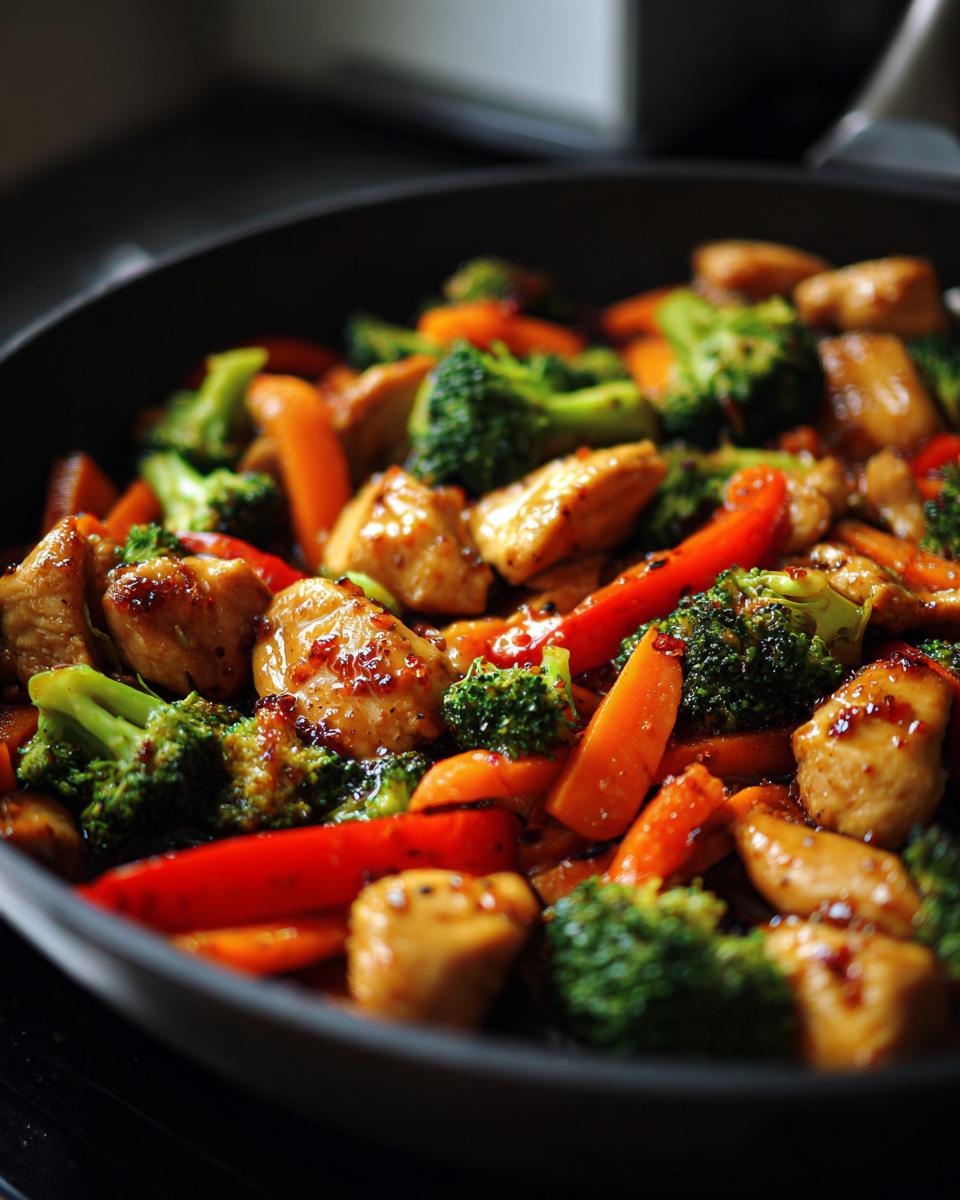 Close-up van sappige stukjes kip met broccoli, wortel en paprika in een Chicken And Vegetables Skillet in een koekenpan.
