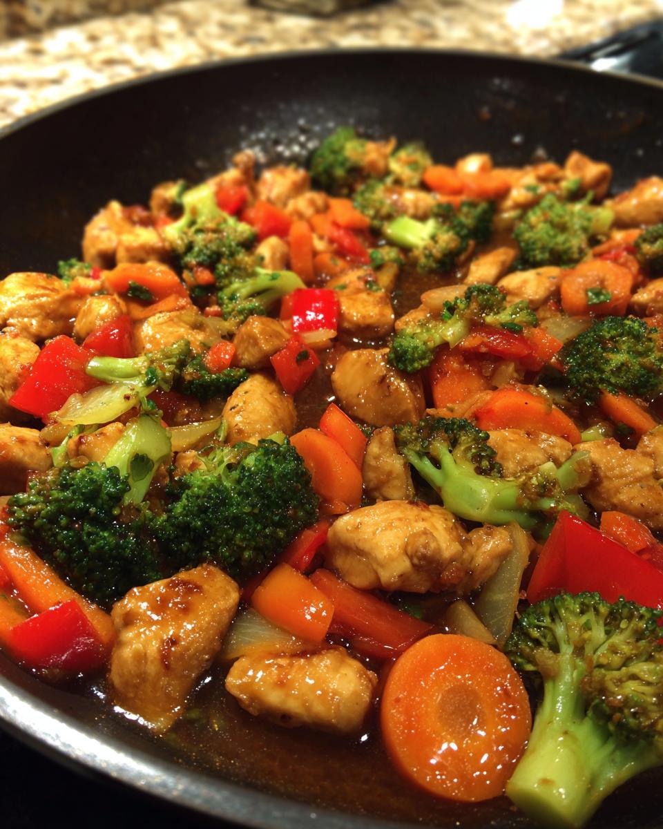 Gekarameliseerde stukjes kip met broccoli, wortel en paprika in een Chicken And Vegetables Skillet.