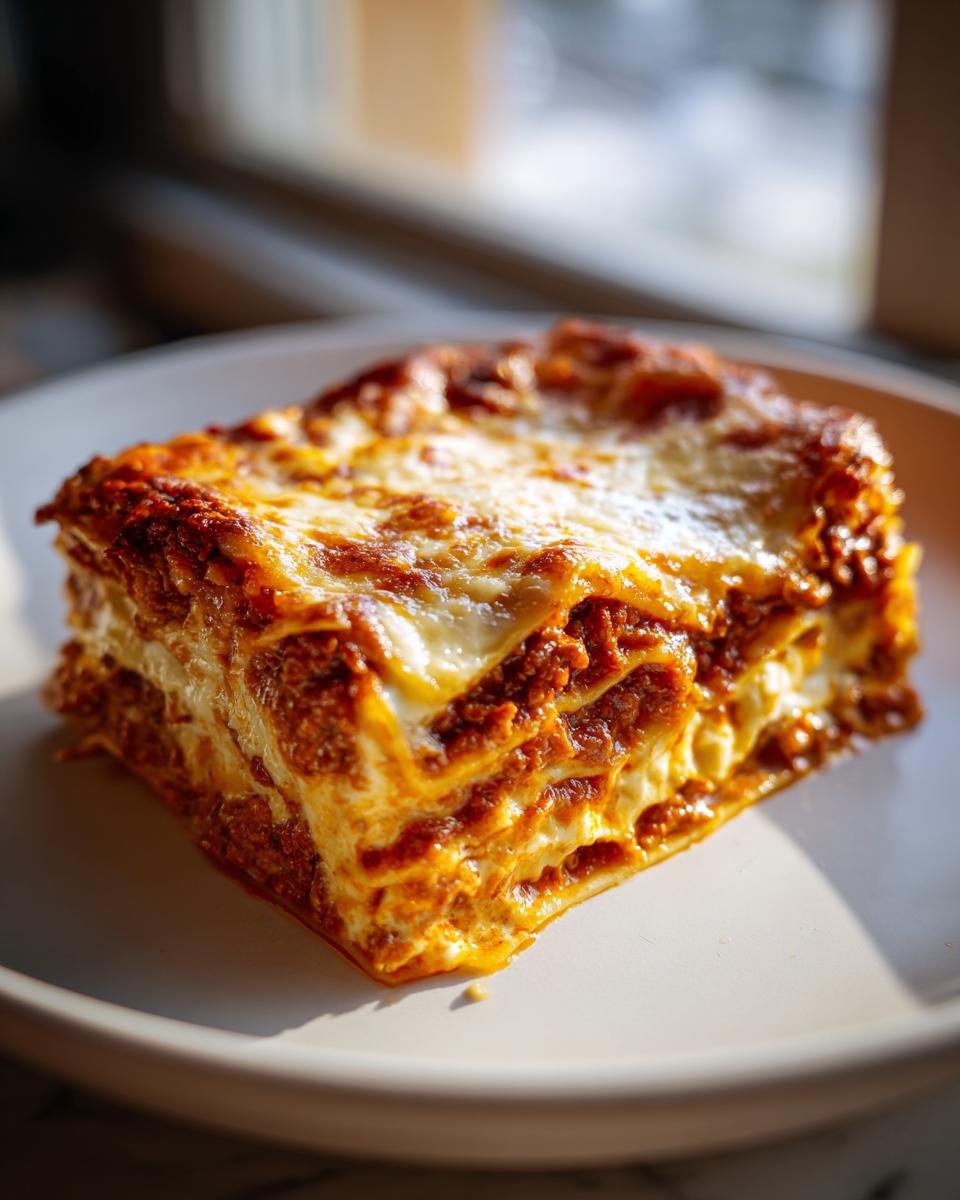 Een perfect gesneden portie Chicken Bolognese Lasagna met een goudbruine, gesmolten kaaskorst op een wit bord.