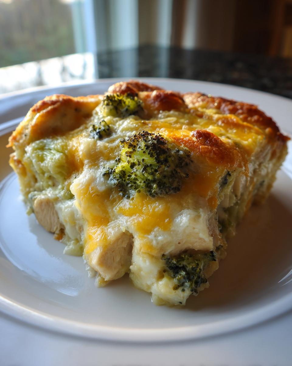 Een close-up van een portie Chicken Broccoli Casserole met stukjes kip, broccoli en een goudbruine kaaskorst.