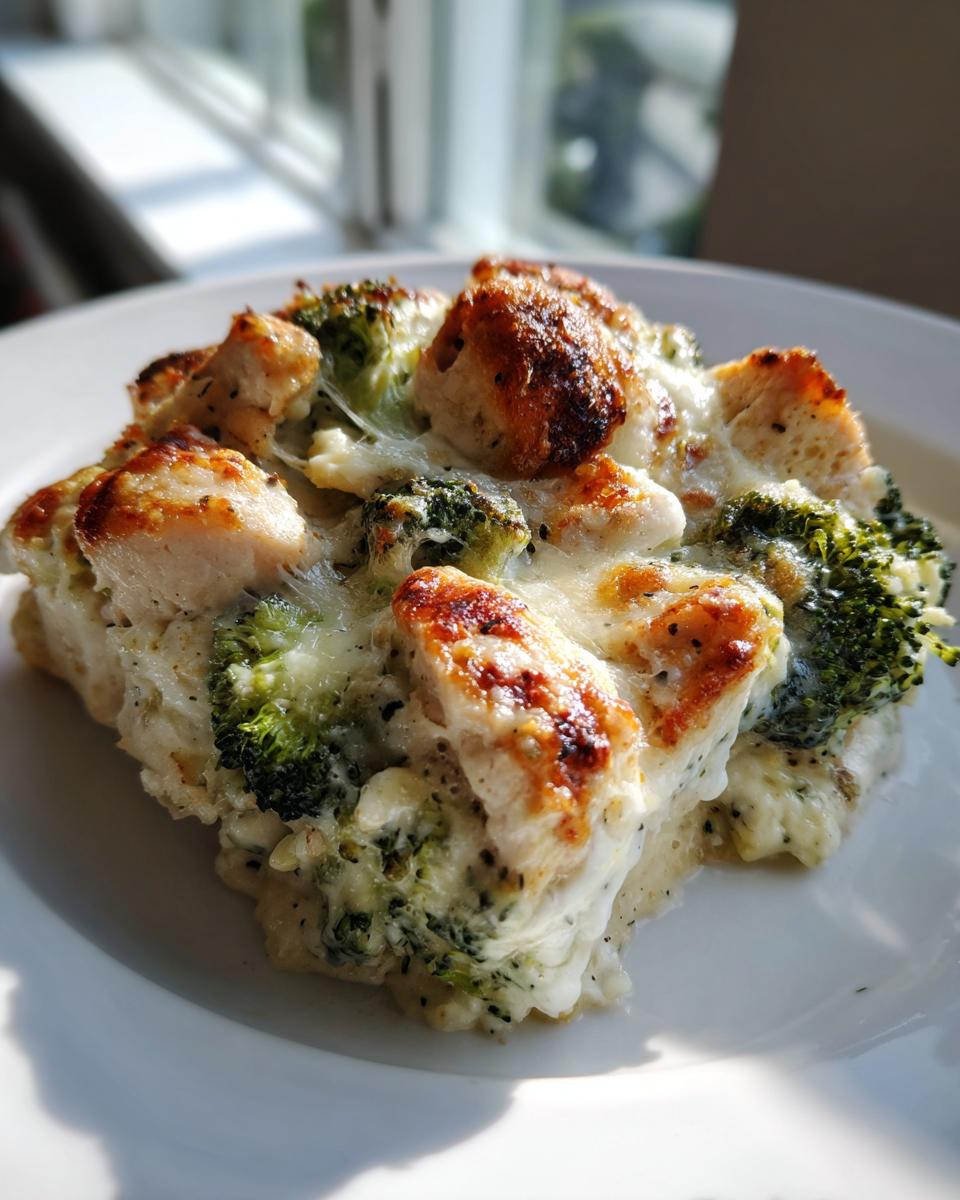 Een portie Chicken Broccoli Casserole met stukjes gegratineerde kip en gesmolten kaas op een wit bord.
