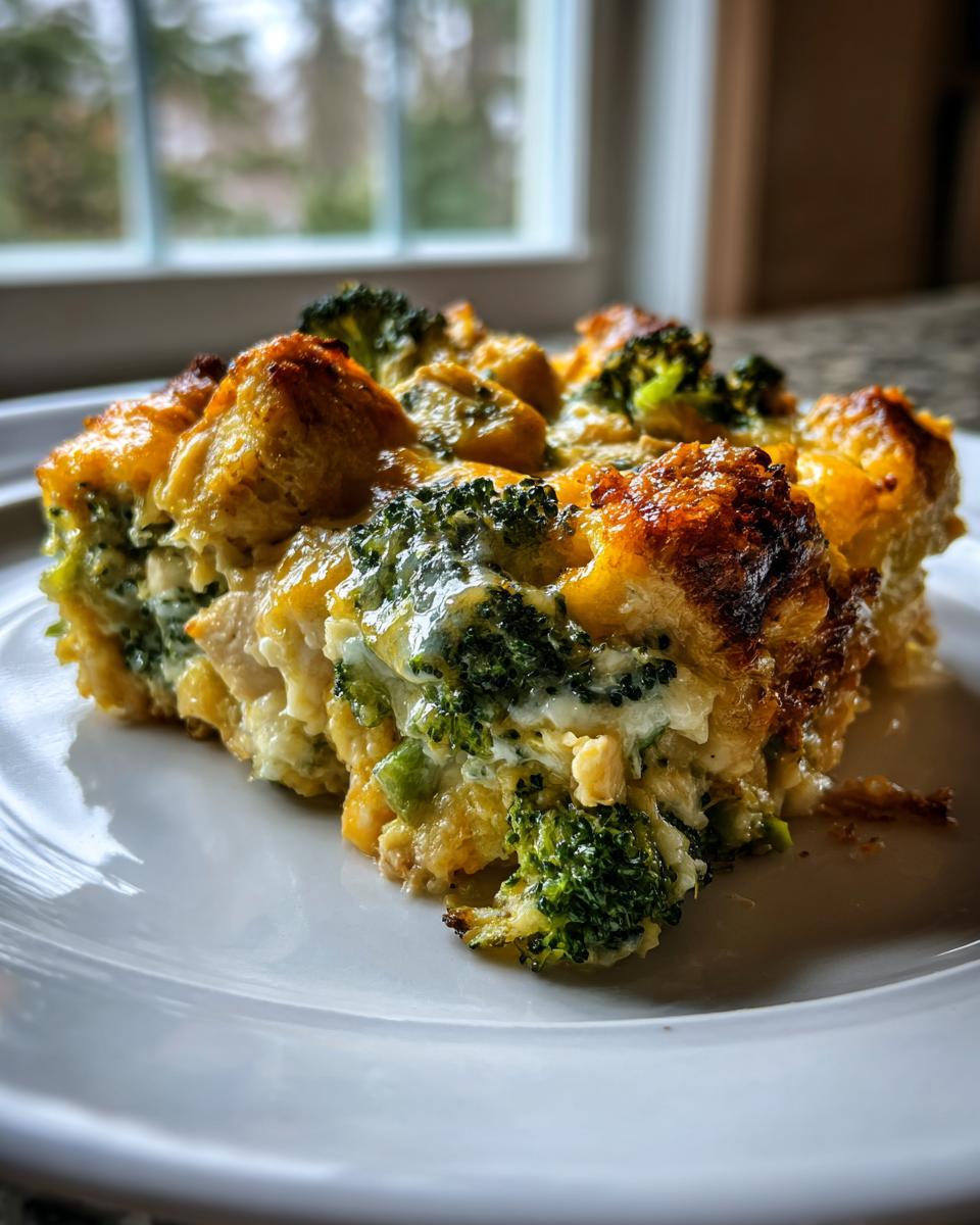 Een close-up van een portie Chicken Broccoli Casserole met zichtbare stukjes broccoli en een goudbruine, krokante bovenkant.