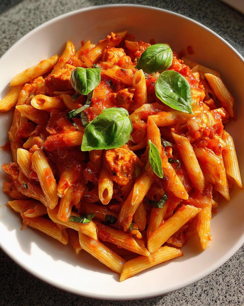 Close-up van een kom met romige Chicken Bruschetta Pasta, gegarneerd met verse basilicumblaadjes.