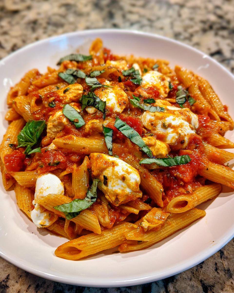 Close-up van een kom met Chicken Bruschetta Pasta, rijkelijk bedekt met tomatensaus, mozzarella en basilicum.