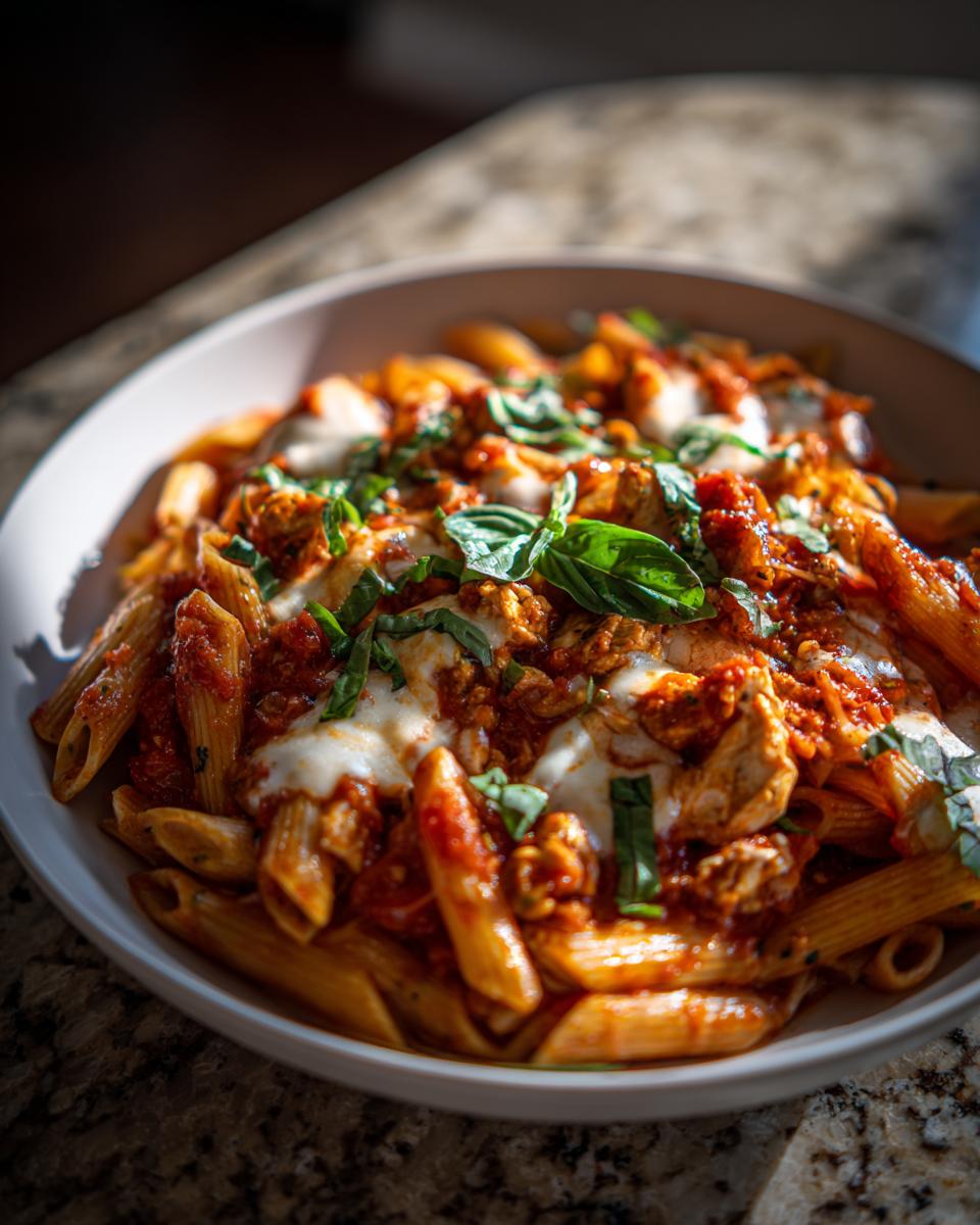 Close-up van een kom met Chicken Bruschetta Pasta, bedekt met tomatensaus, gesmolten mozzarella en verse basilicum.