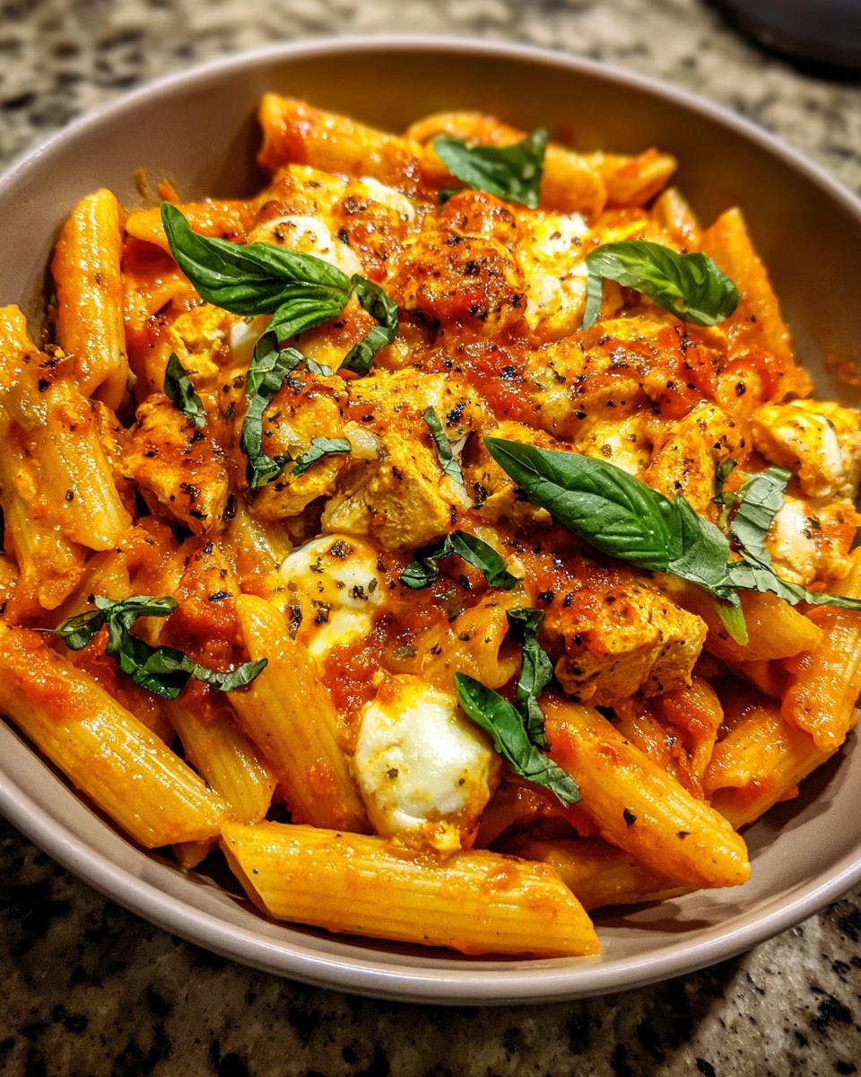 Close-up van een kom met Chicken Bruschetta Pasta, rijkelijk gegarneerd met stukjes kip, gesmolten mozzarella en verse basilicum.