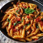 Close-up van romige Chicken Bruschetta Pasta met stukjes kip en verse basilicum in een koekenpan.