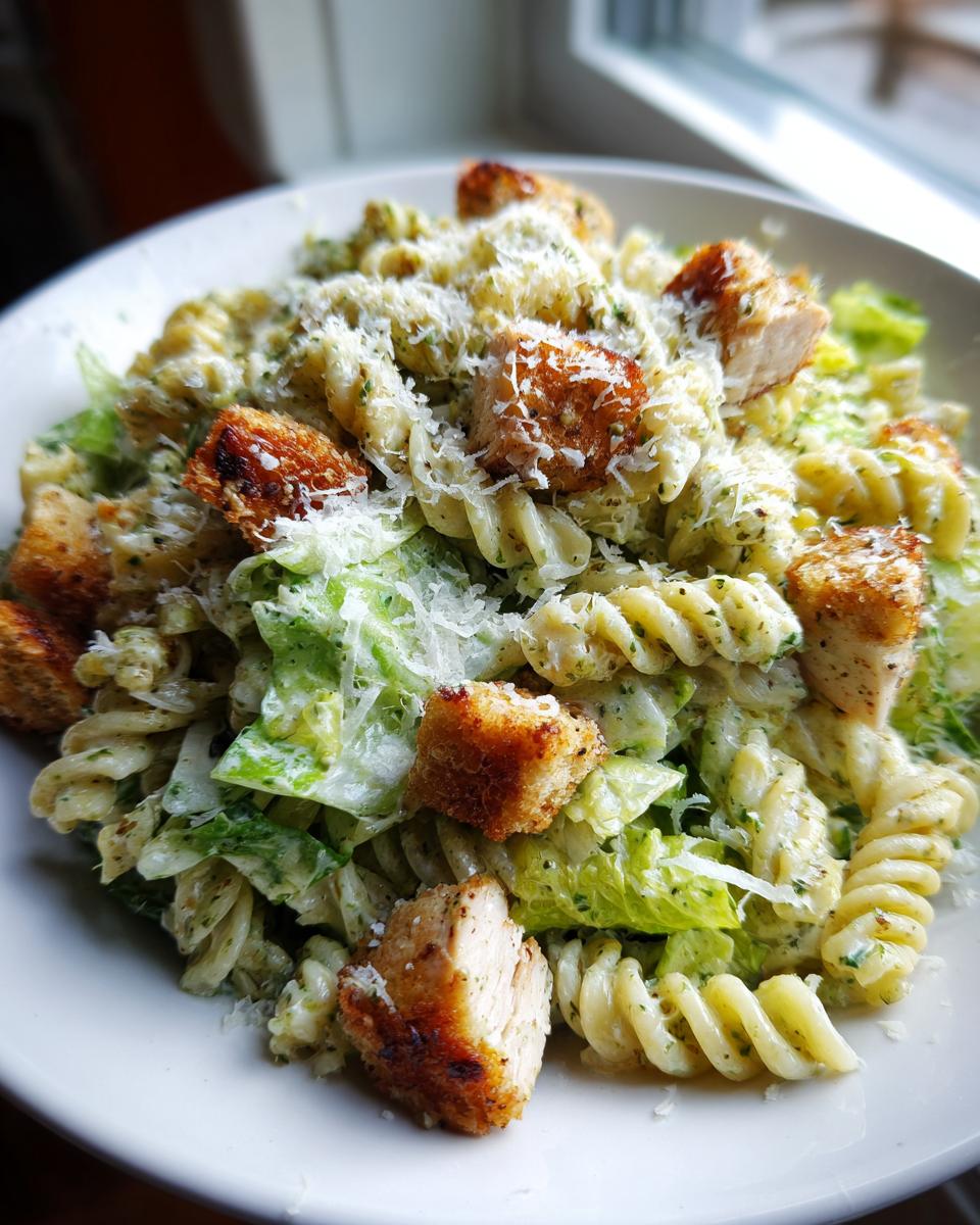Close-up van een romige Chicken Caesar Pasta Salad met fusilli pasta, stukjes kip, croutons en Parmezaanse kaas.