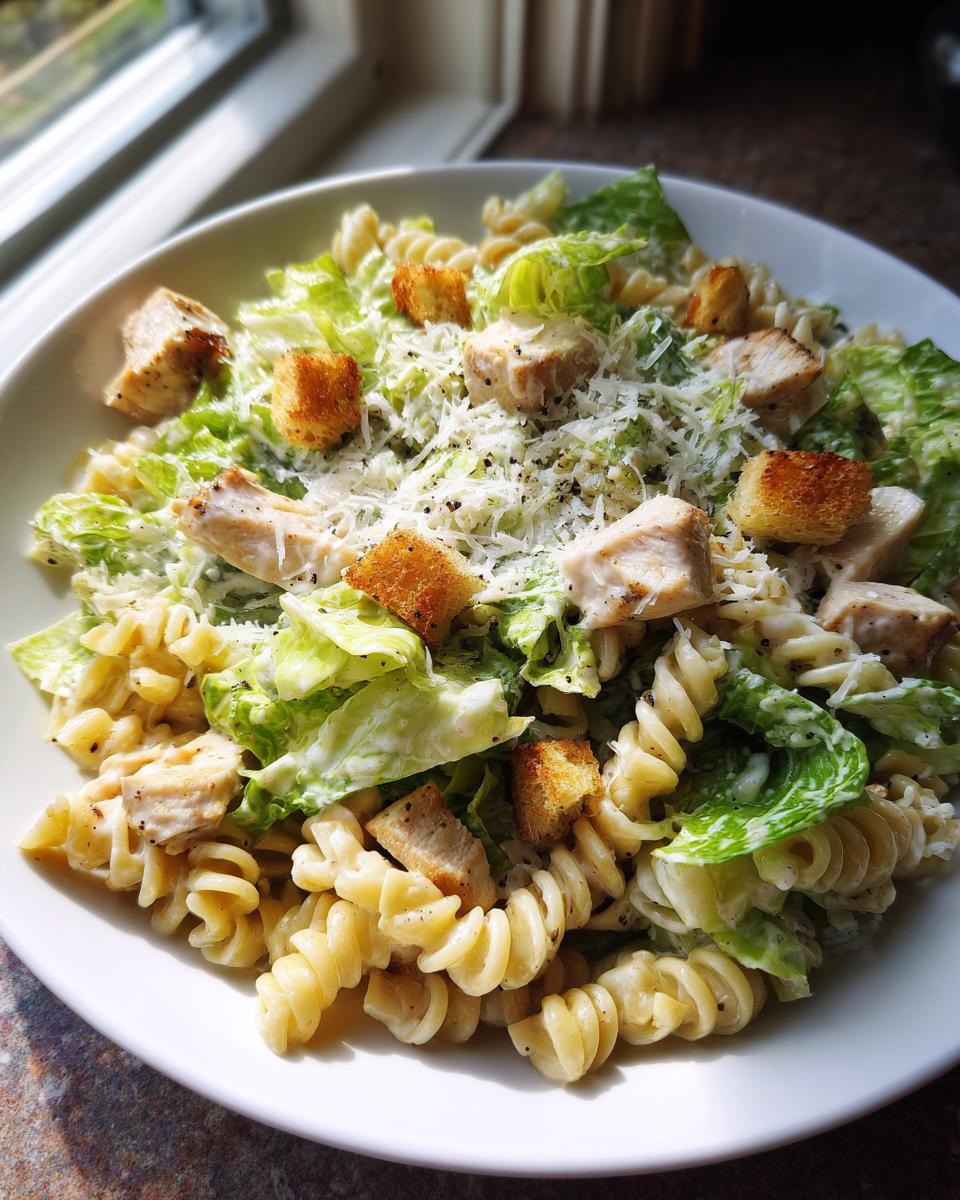 Portie Chicken Caesar Pasta Salad met fusilli, stukjes kip, romaine sla, en croutons.