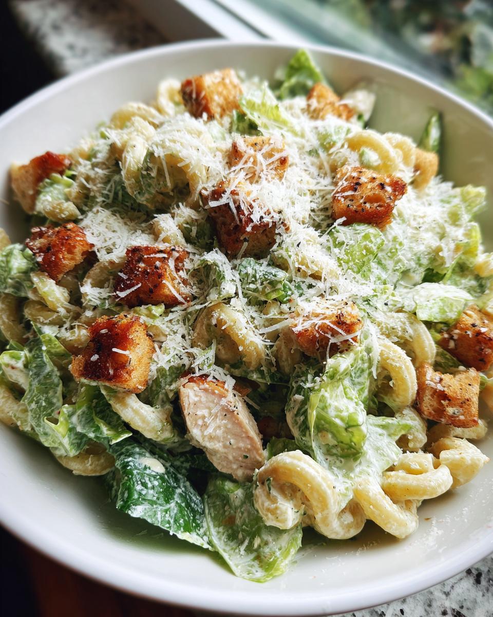 Close-up van een kom met romige Chicken Caesar Pasta Salad, gegarneerd met Parmezaanse kaas en krokante croutons.