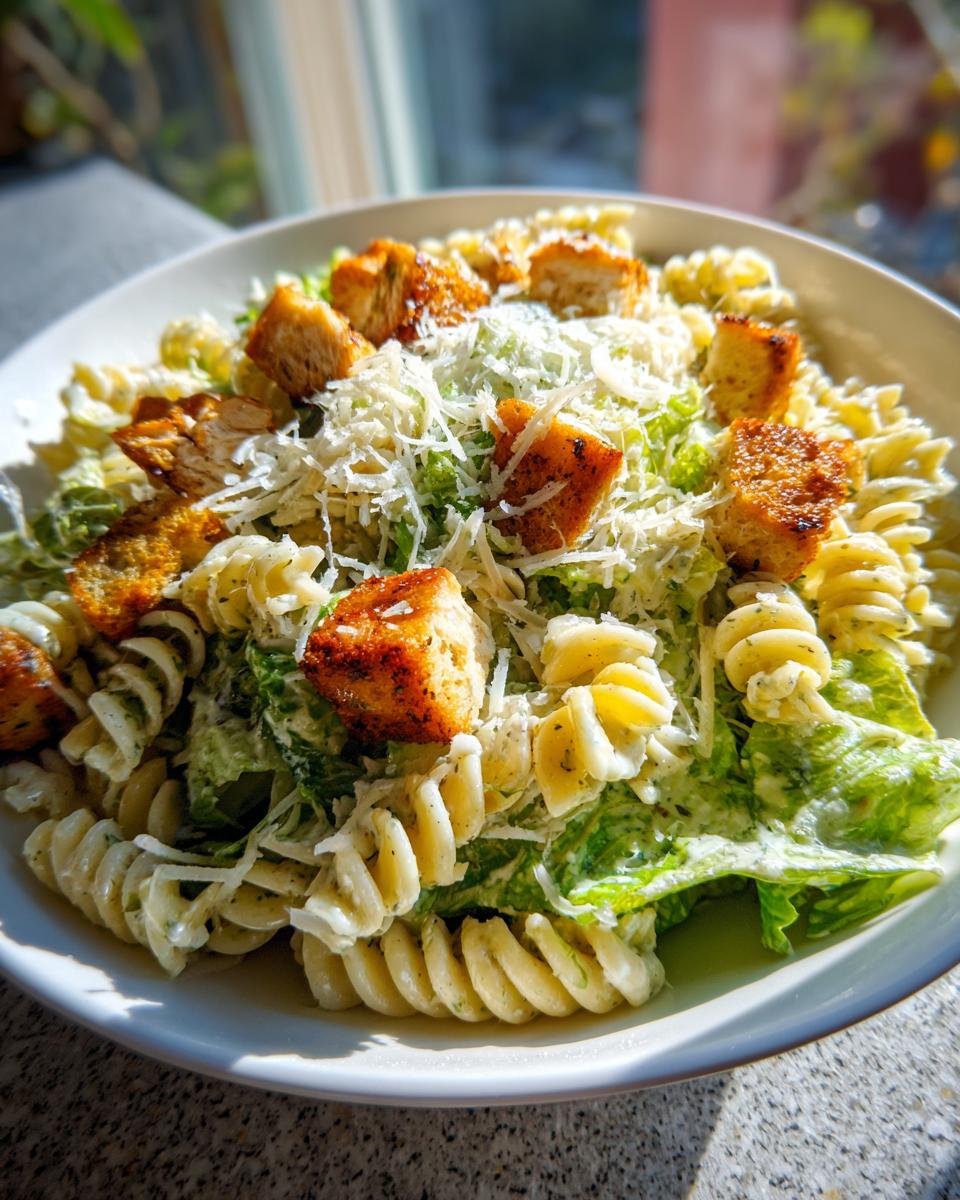 Close-up van een kom Chicken Caesar Pasta Salad met fusilli pasta, romige dressing, sla, en gegratineerde Parmezaanse kaas.