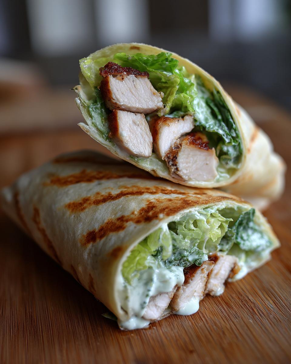 Twee helften van een Chicken Caesar Wrap, gevuld met gegrilde kip, sla en romige dressing, op een houten plank.