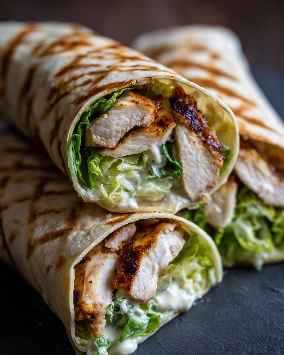 Close-up van twee doorgesneden Chicken Caesar Wraps gevuld met gegrilde kip, sla en Caesar dressing.