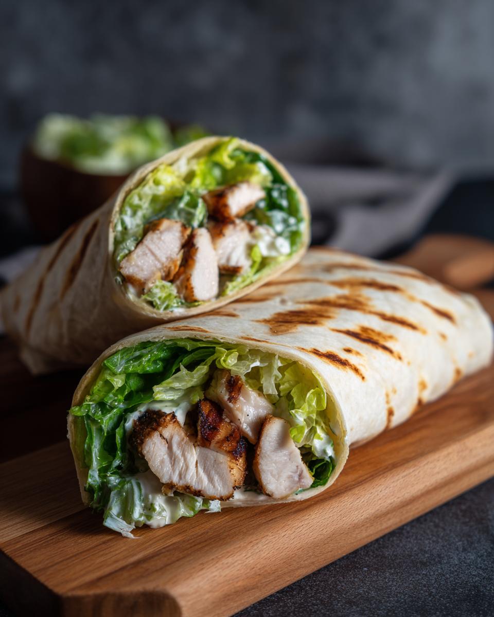 Twee doormidden gesneden Chicken Caesar Wraps gevuld met gegrilde kip, sla en Caesar dressing.