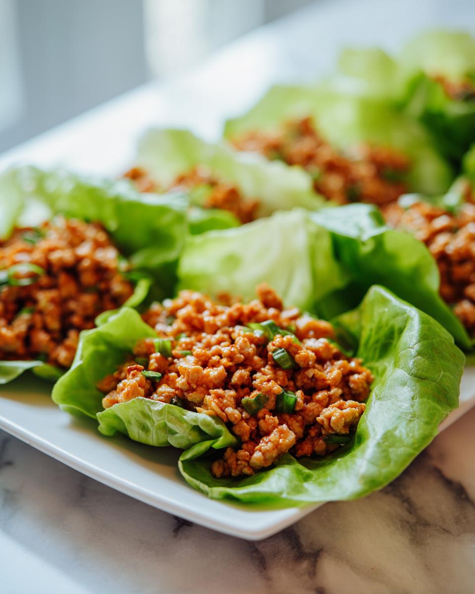 Gedetailleerde foto van Chicken Lettuce Wraps gevuld met gekruid gehakt en lente-ui.