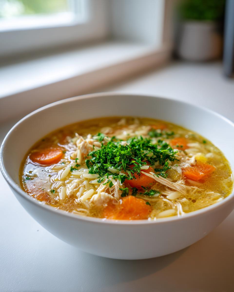 Close-up van een kom Chicken Orzo Soup met wortelschijfjes en peterselie.