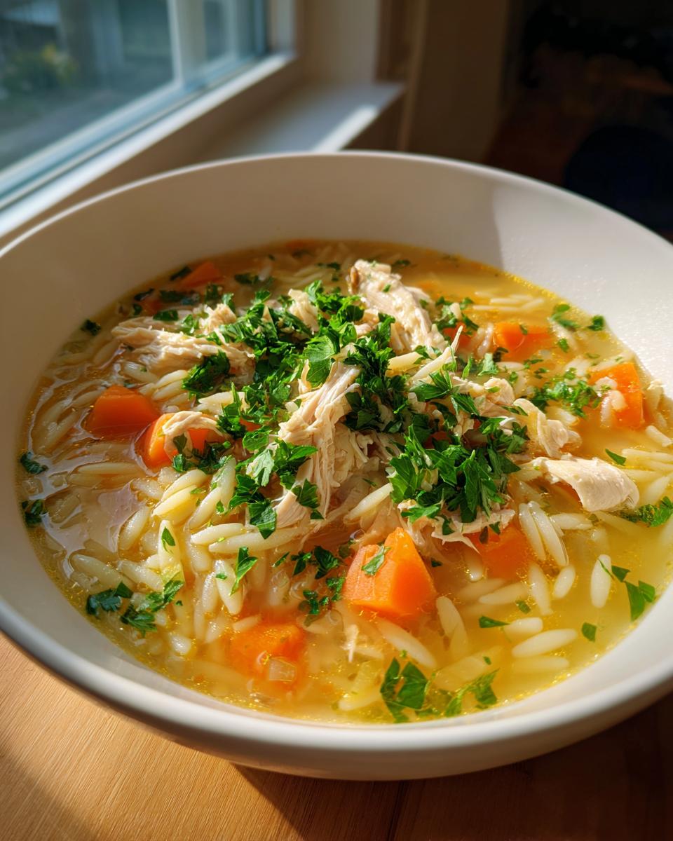 Gedetailleerde close-up van een kom Chicken Orzo Soup met draadjes kip, wortelblokjes en peterselie.