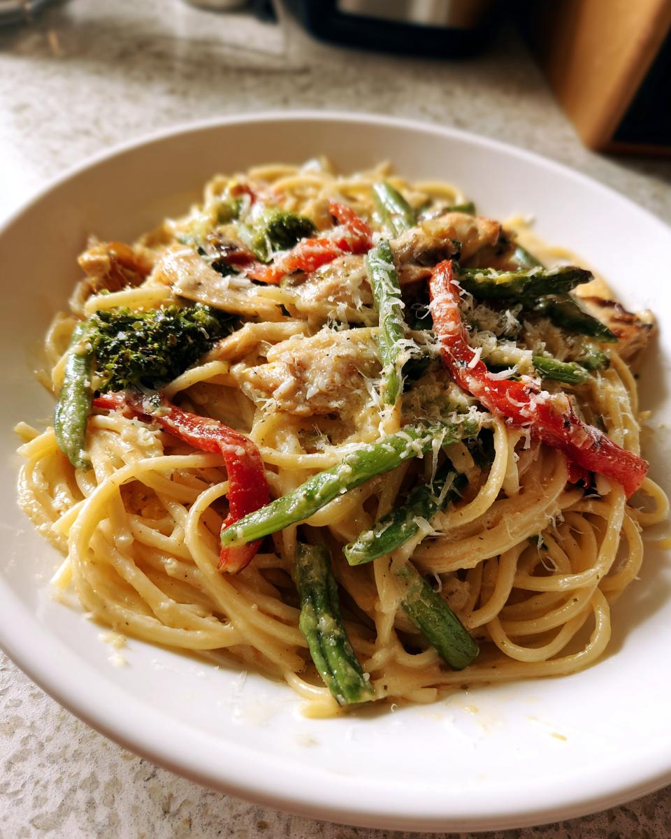 Close-up van een bord Chicken Pasta Primavera met romige saus, asperges, paprika en geraspte Parmezaanse kaas.