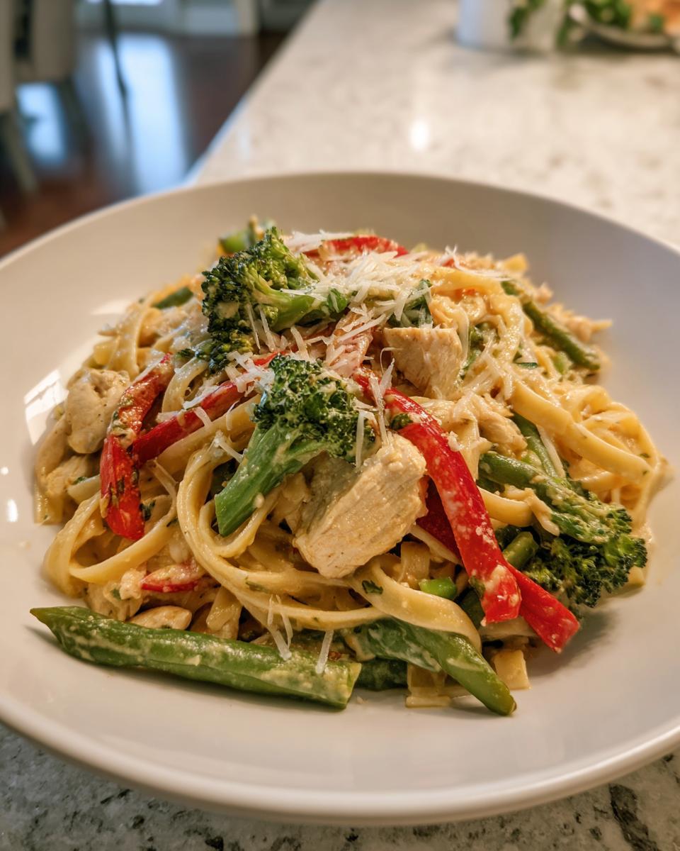 Een kom met romige Chicken Pasta Primavera, rijkelijk gevuld met stukjes kip, broccoli, sperziebonen en geraspte Parmezaanse kaas.