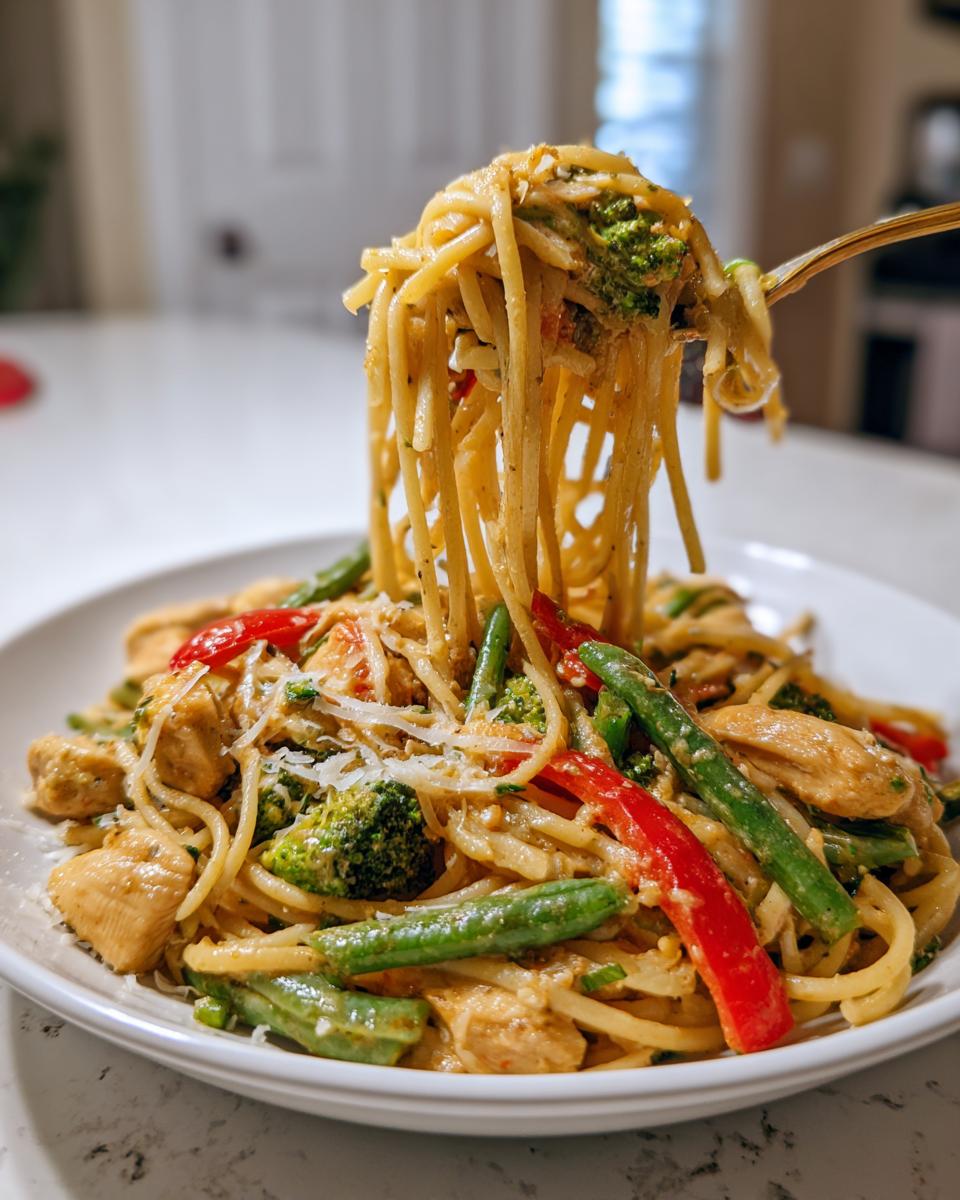 Een vork tilt een grote portie romige Chicken Pasta Primavera met kip, broccoli, sperziebonen en rode paprika op.