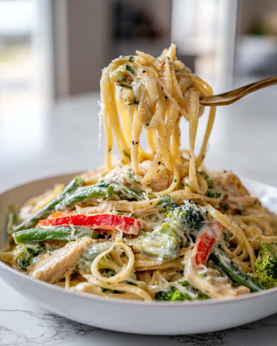 Een vork met romige Chicken Pasta Primavera, inclusief pasta, kip en groenten, boven een kom.