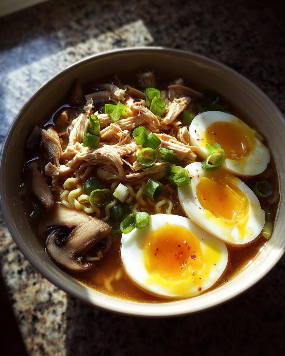 Close-up van een kom met Chicken Ramen Noodles, geserveerd met gescheurd kipfilet, zachtgekookte eieren en lente-ui.