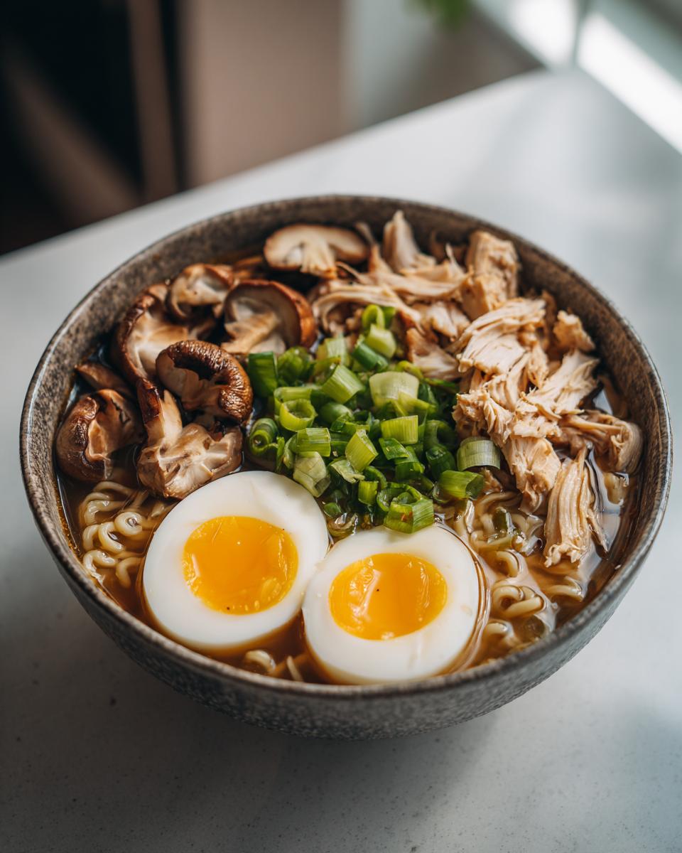 Close-up van een kom met Chicken Ramen Noodles, rijkelijk belegd met gescheurd kipfilet, shiitake paddenstoelen, lente-ui en een zachtgekookt ei.