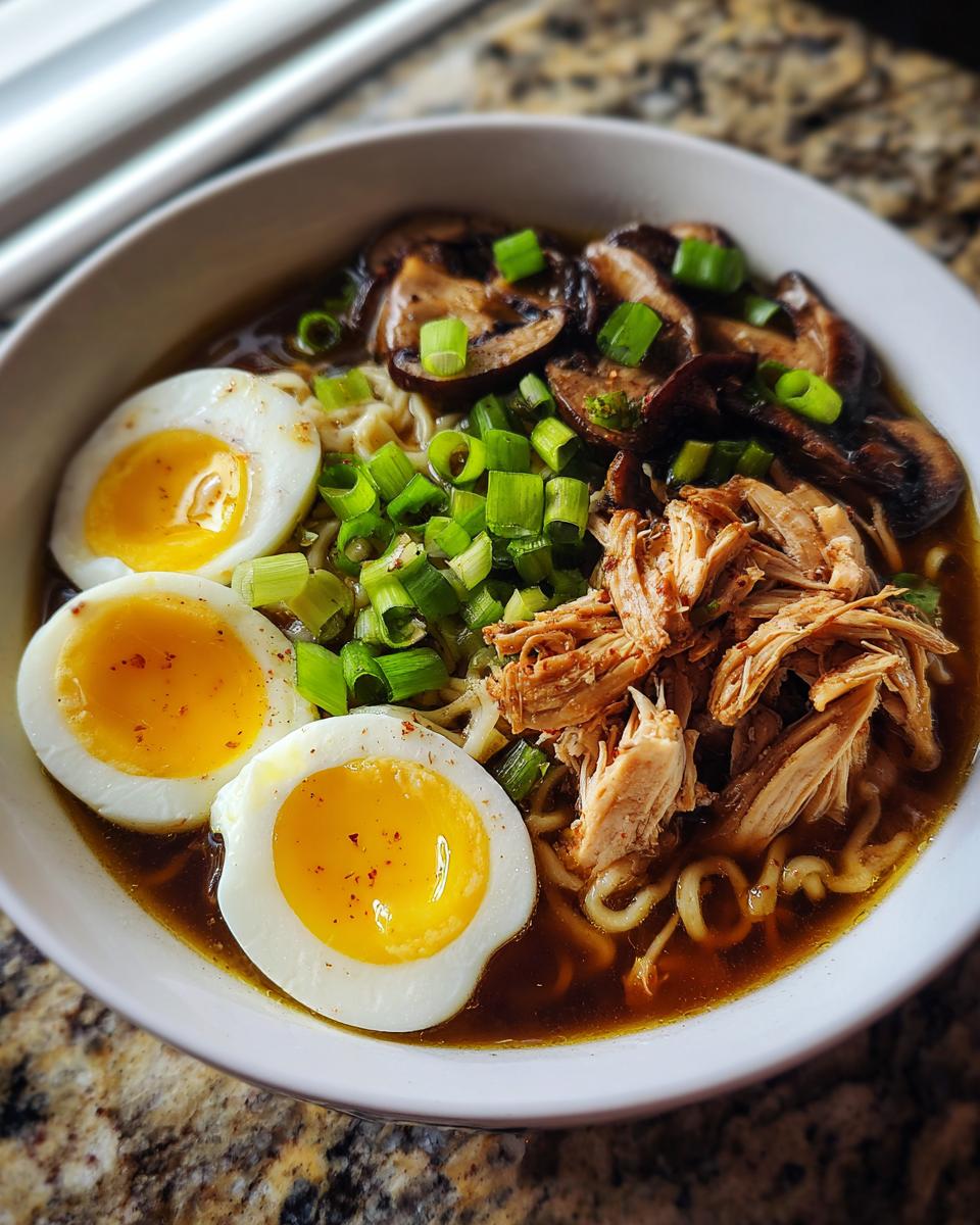 Close-up van een kom met Chicken Ramen Noodles, gegarneerd met gescheurd kip, zachtgekookte eieren en lente-ui.
