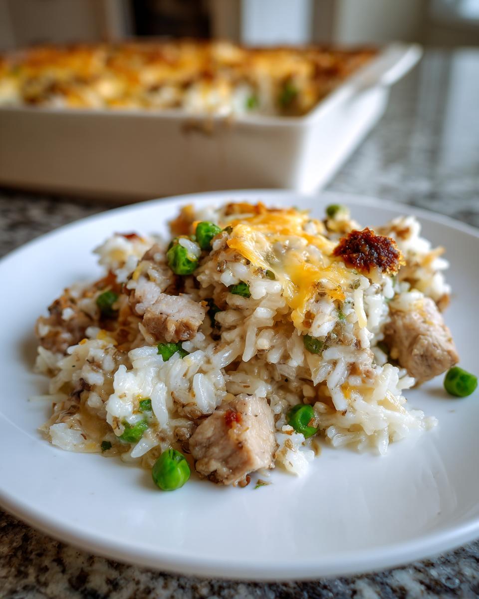 Close-up van een portie Chicken Rice Casserole met rijst, stukjes kip, erwten en gesmolten kaas op een wit bord.
