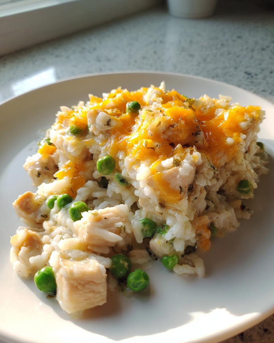 Een portie romige Chicken Rice Casserole met stukjes kip, groene erwten en een laagje gesmolten oranje kaas.