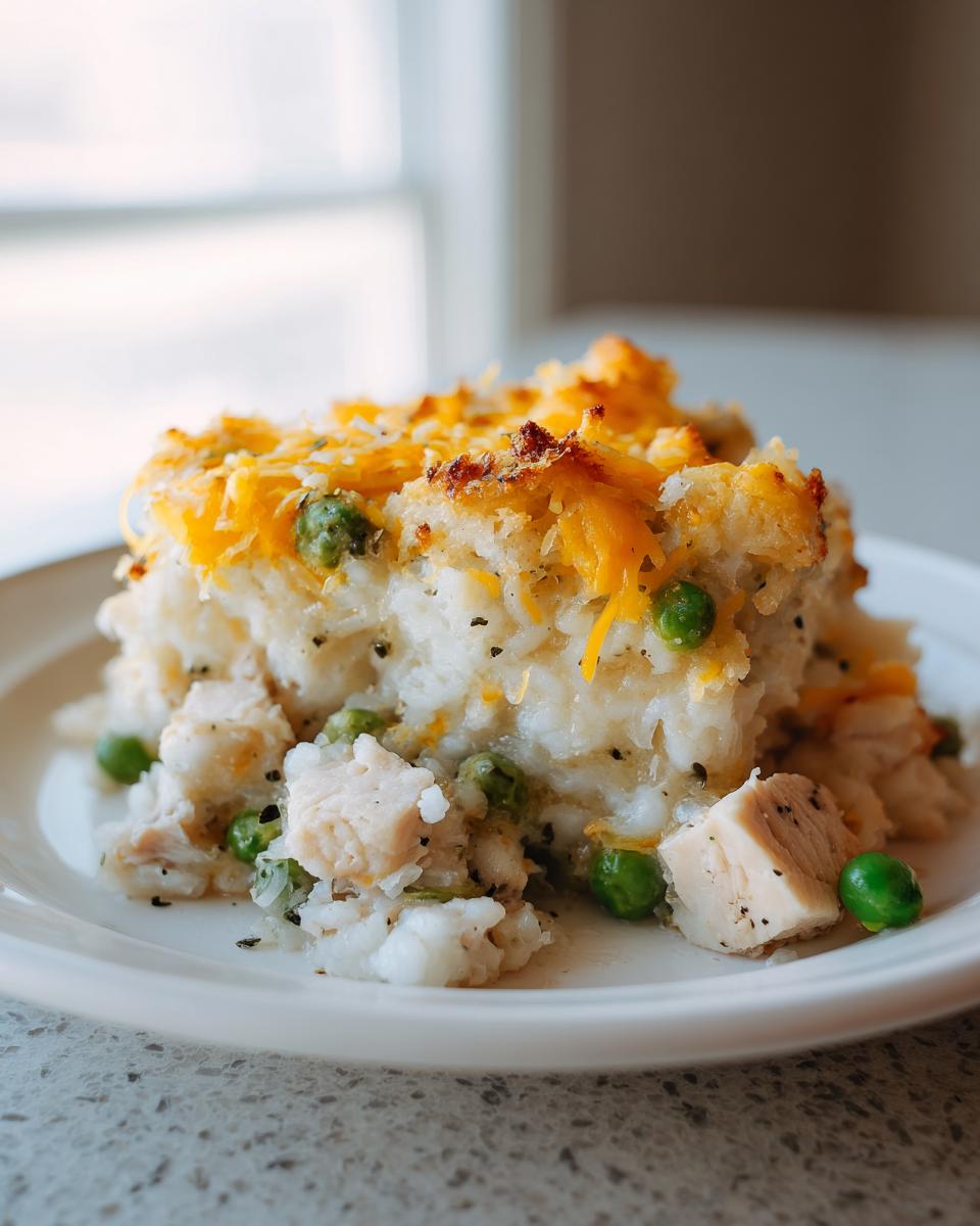 Een portie romige Chicken Rice Casserole met blokjes kip, doperwten en een goudbruine kaaskorst.