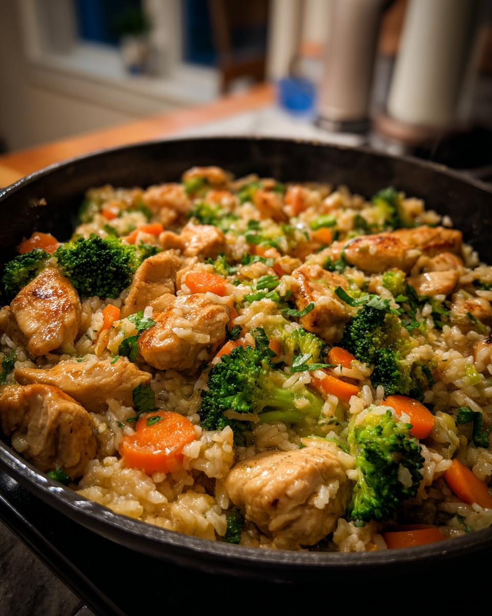 Close-up van een Chicken Rice Vegetable Skillet met stukjes kip, broccoli en wortel in een zwarte pan.