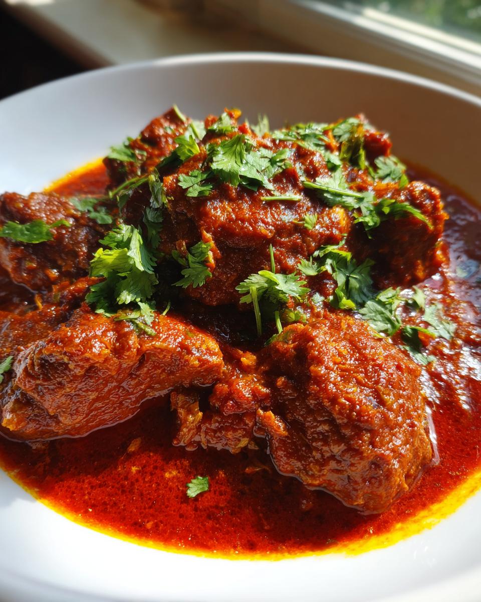 Close-up van een witte kom gevuld met rijke, rode Chicken Rogan Josh, gegarneerd met verse groene koriander.