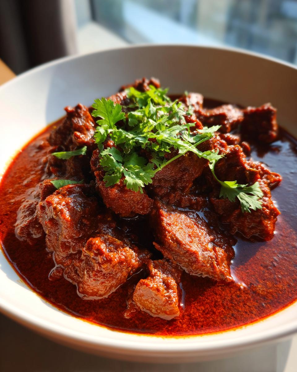 Close-up van een kom met rijke, rode Chicken Rogan Josh, gegarneerd met verse koriander.