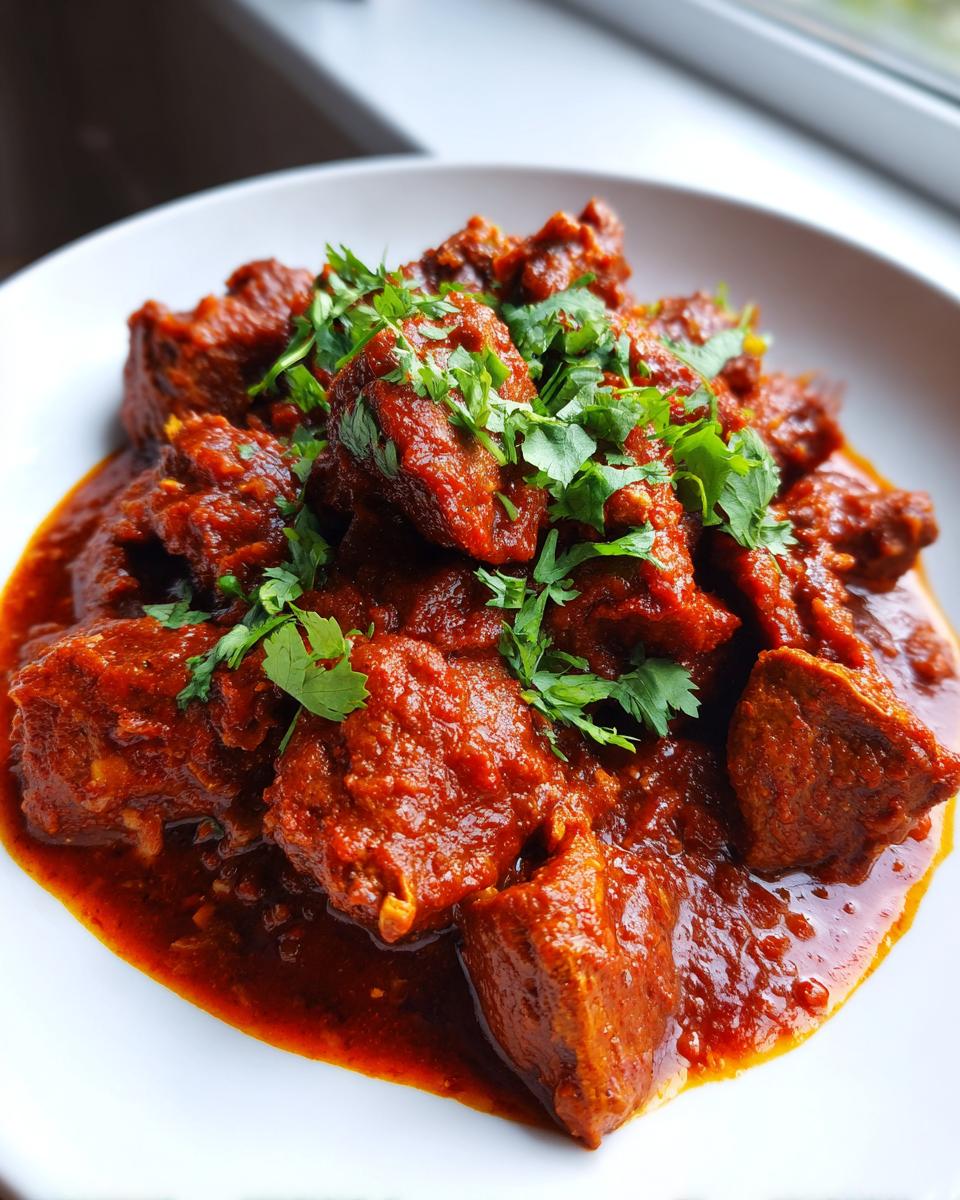 Close-up van een portie rijke, rode Chicken Rogan Josh, gegarneerd met verse koriander op een witte schaal.