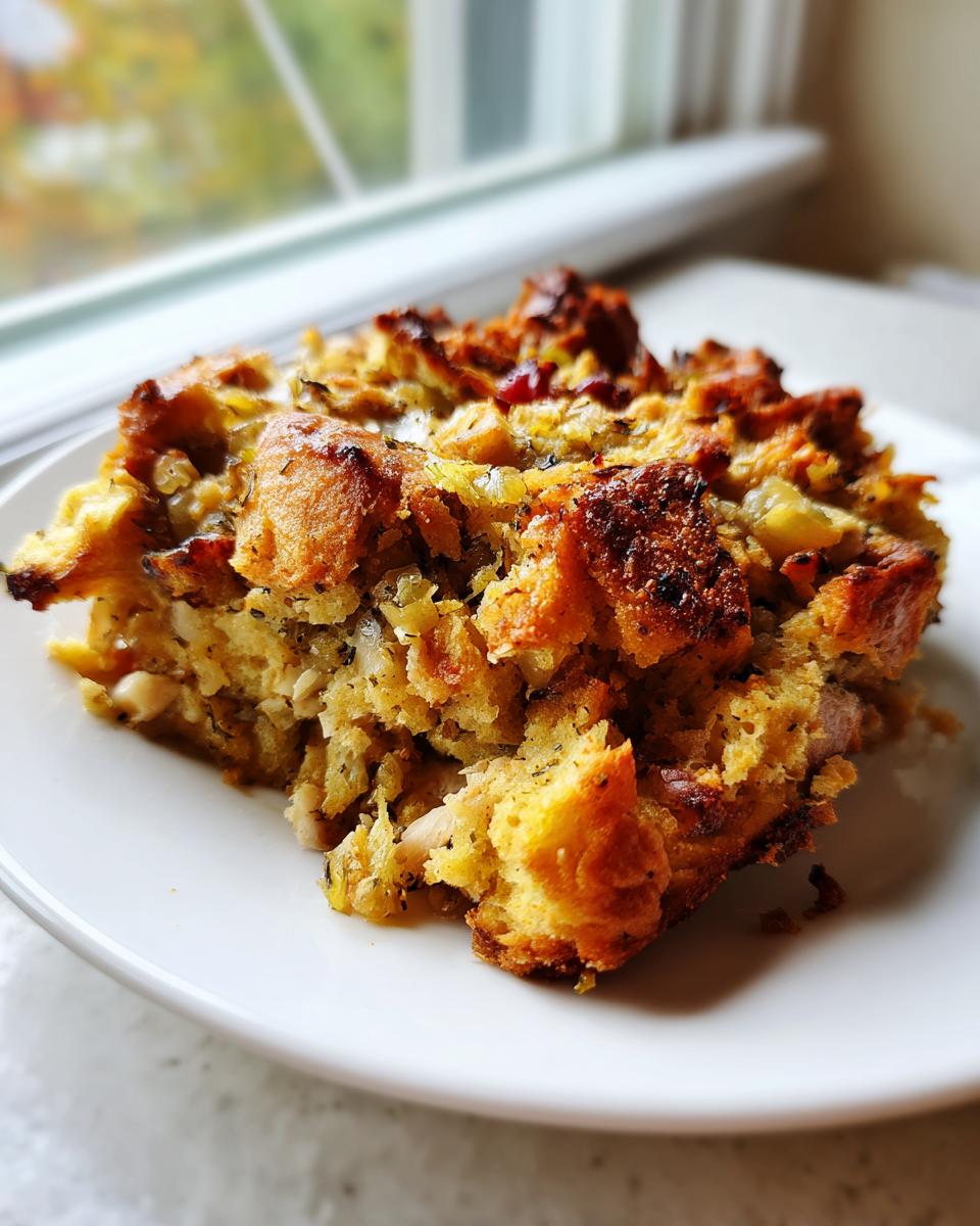 Een portie Chicken Stuffing Casserole met een goudbruine, krokante bovenkant, geserveerd op een wit bord.