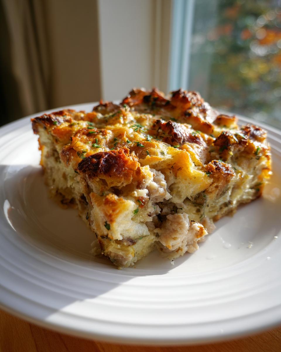 Een portie Chicken Stuffing Casserole op een wit bord, met een goudbruine, knapperige bovenkant en zichtbare stukjes kip.