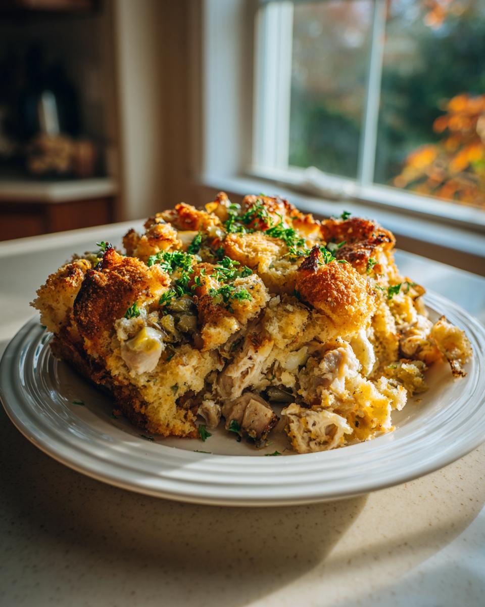 Een portie Chicken Stuffing Casserole op een wit bord, gegarneerd met verse peterselie, bij het raam.