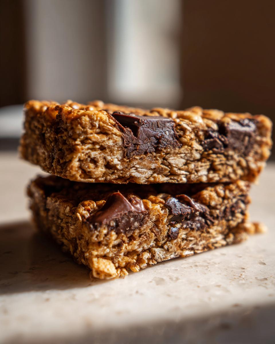 Twee gestapelde repen van huisgemaakte chocolade granola met zichtbare stukjes donkere chocolade.