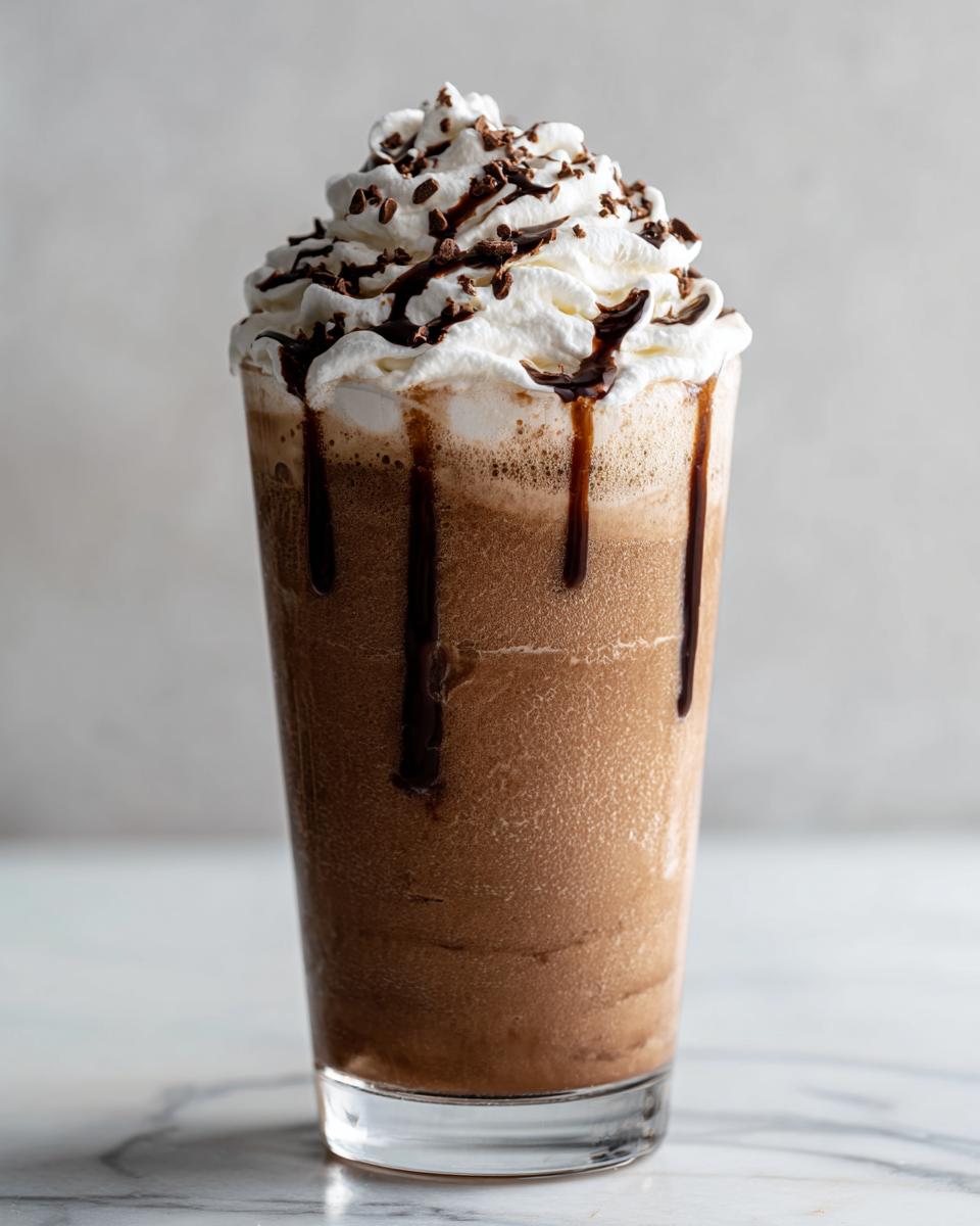 Hoog glas met een romige Chocolate And Vanilla Eiskaffee, getopt met slagroom en chocoladesaus.