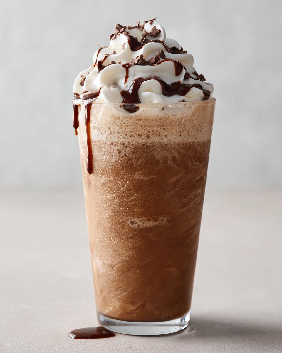 Een hoog glas met een romige Chocolate And Vanilla Eiskaffee, getopt met slagroom en chocoladesaus.